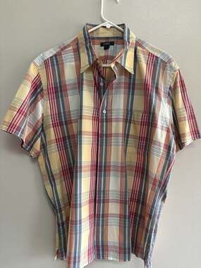 J.Crew Men's Short Sleeve Plaid Button Up Shirt Yellow Red Blue Size Large